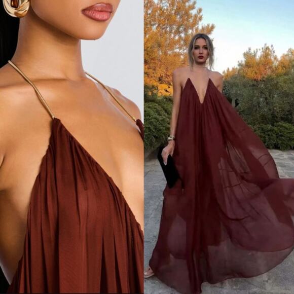 retrofete | Arlet Dress in Chestnut Flowy Maxi Dress Gold Chain Straps AS IS M - Picture 1 of 16